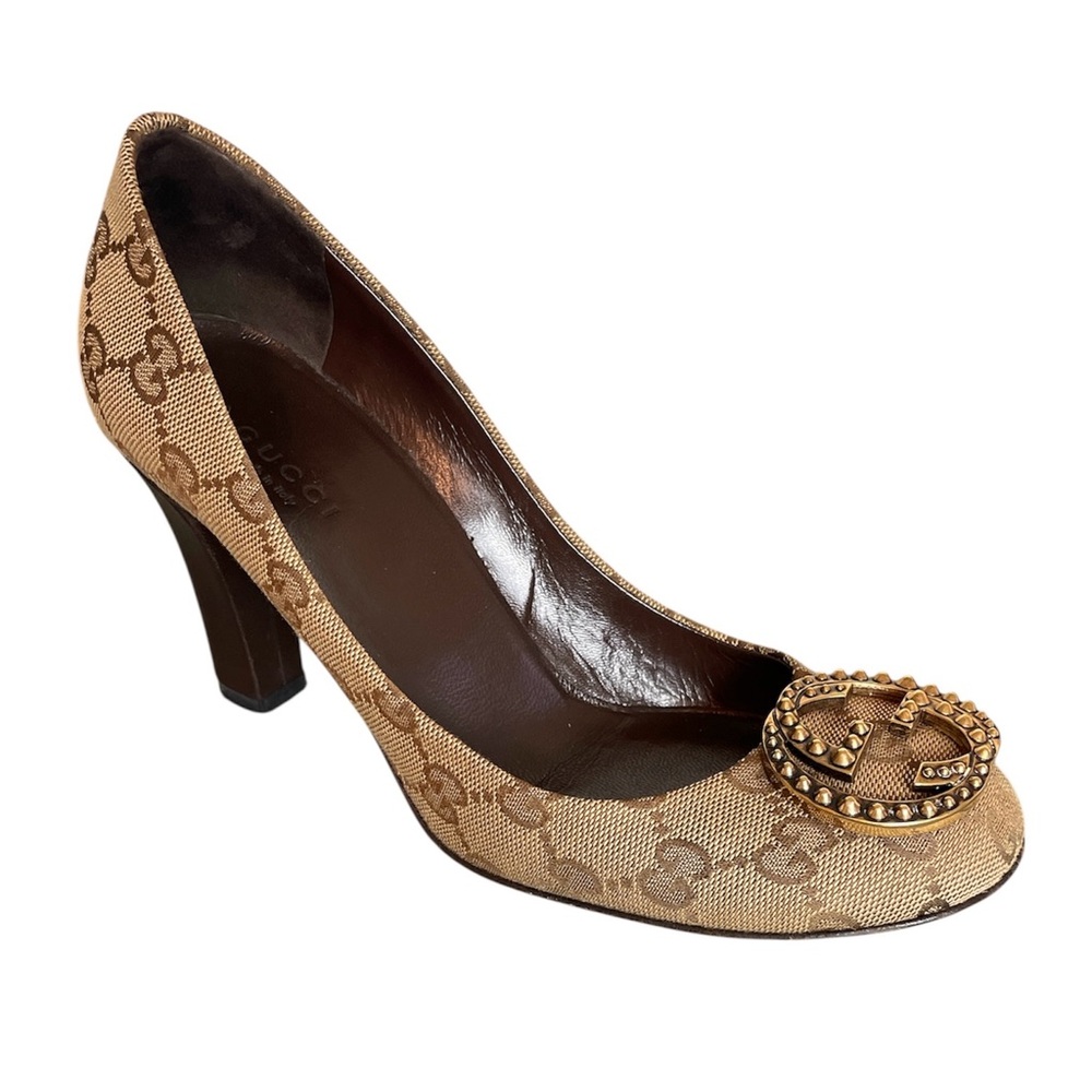 GUCCI Canvas Supreme Interlocking GG Logo Studded Block Heel Pumps \\ 36.5 - Picture 2 of 13
